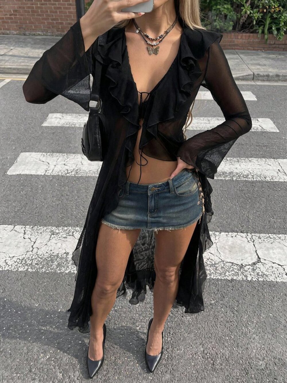 Black Casual Women's Y2k Elegant Ruffle Tie Long Sleeve Sheer Jacket - Picture 3 of 8